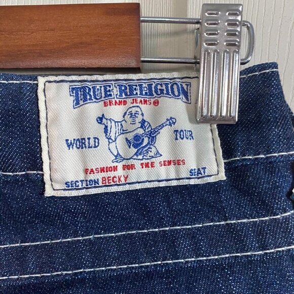 True Religion Becky Embellished Rhinestone Flap Button Pocket Stadium Patch Jean - Picture 6 of 8